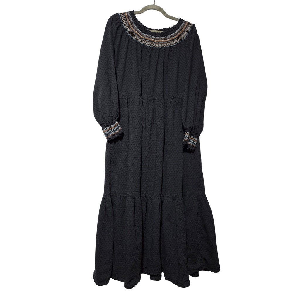 Universal Thread Womens XL Black Smocked Embroidered Tiered Midi Dress Boho L/S‎